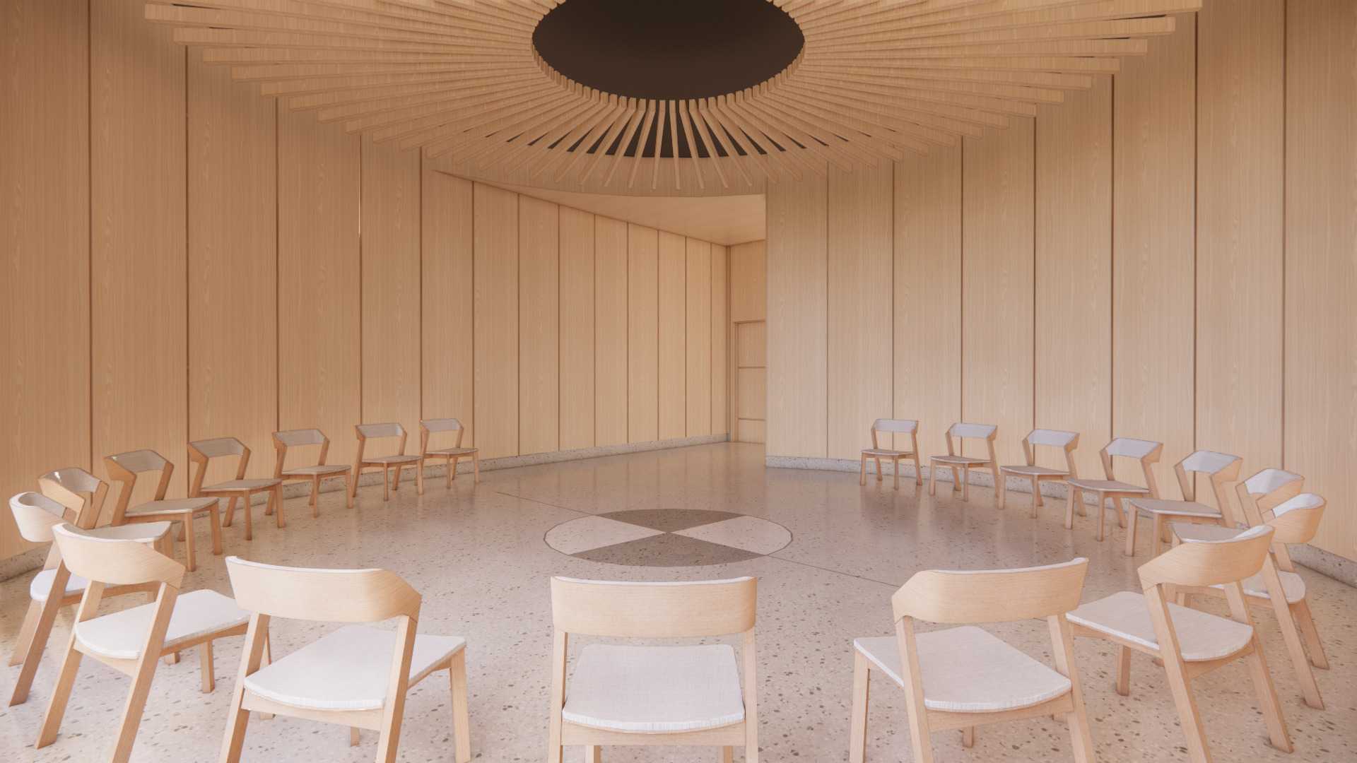 A round-shaped room with chairs set up in a circle