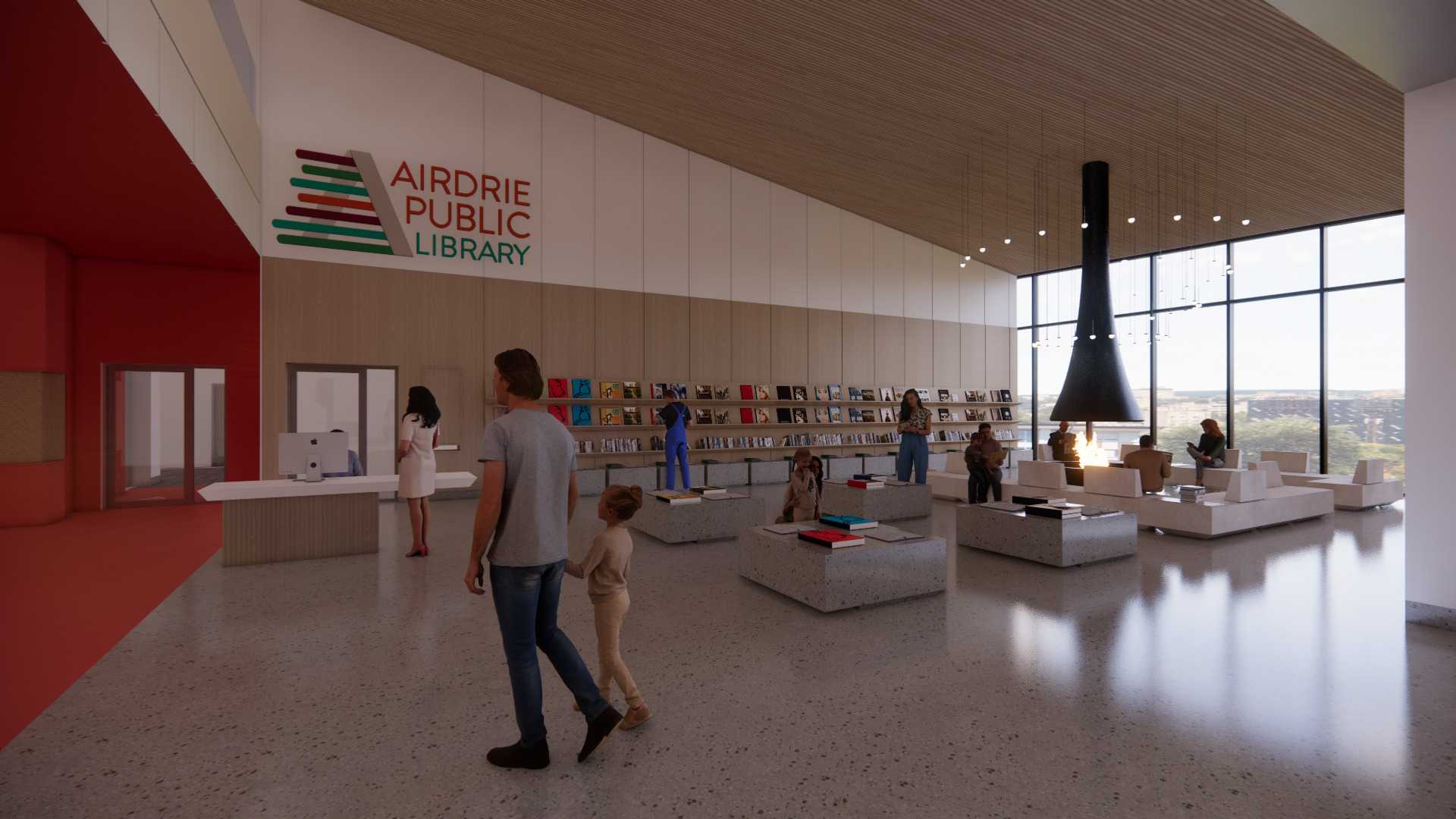 A building lobby with a wall of bookshelves, a fireplace, and low seating. People walking through lobby to library entrance.
