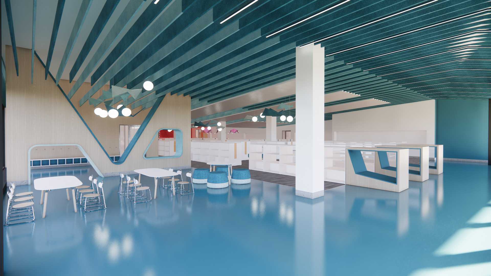 A large room with exposed rafters, tables and chairs, and bookshelves.